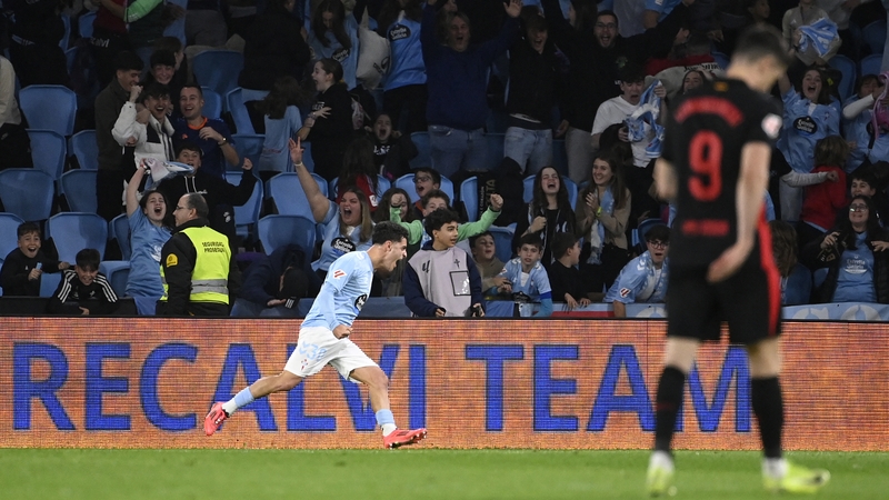 Celta Vigo's Hugo Alvarez celebrates scoring his team's second goal against Barcelona