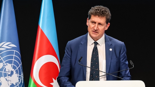 Outgoing Minister for the Environment Eamon Ryan pictured in Baku giving a national statement at the COP29 conference