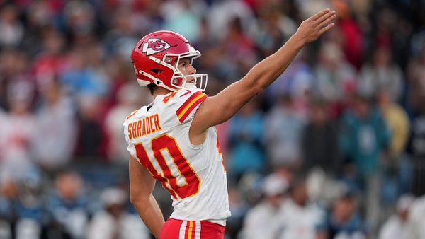 Spencer Shrader of the Kansas City Chiefs lines up the game-winning field goal
