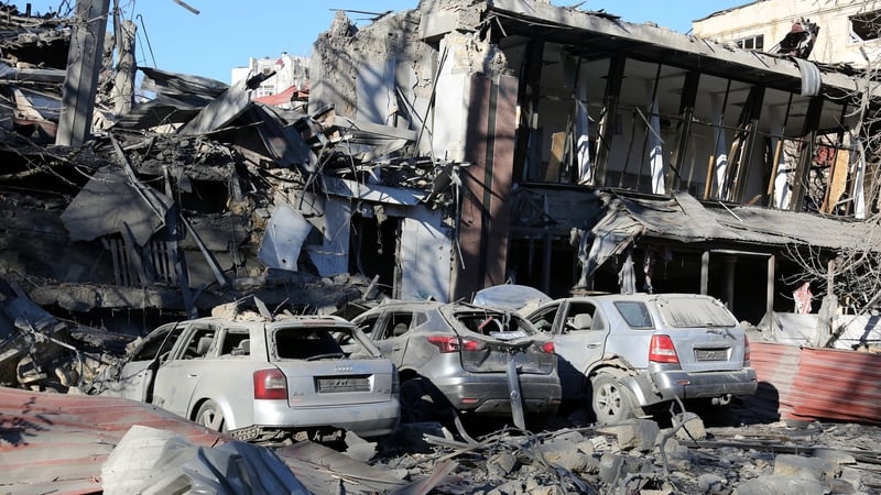 Damaged cars and destroyed buildings after Russian missiles hit Odesa, Ukraine yesterday