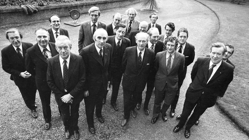 The lads are all here: Fianna Fáil leader Jack Lynch reveals his new front bench in February 1975. Photo: Independent News and Media/Getty Images