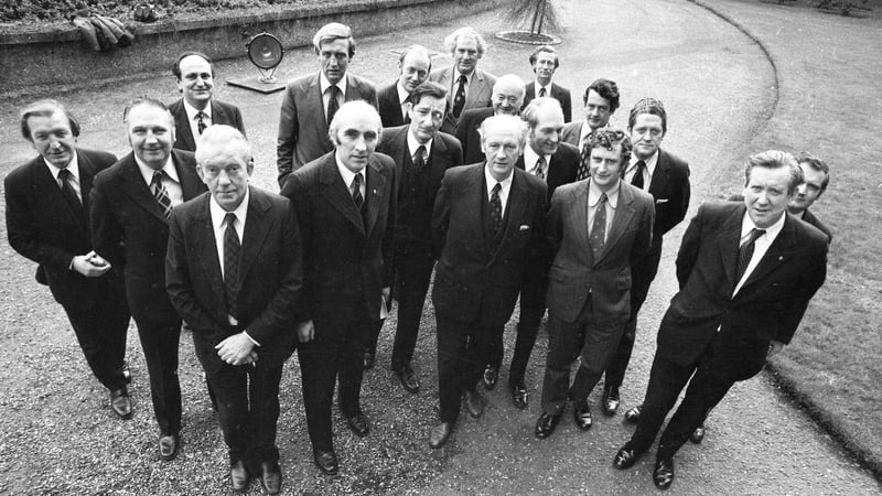 The lads are all here: Fianna Fáil leader Jack Lynch reveals his new front bench in February 1975. Photo: Independent News and Media/Getty Images