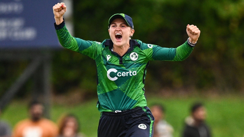 Ireland's Gaby Lewis celebrates after her side's victory in match two of the Women's T20 International against Sri Lanka in August