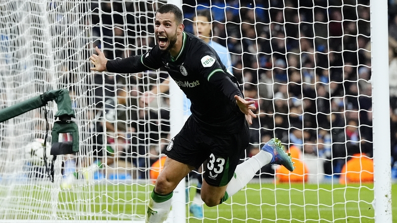 An ecstatic David Hancko celebrates scoring Feyenoord's equaliser