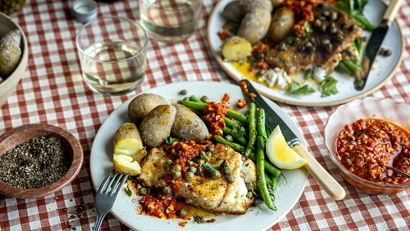 Donal Skehan's simple brown butter fried fish with whizzed romesco sauce & Spanish boiled baby potatoes