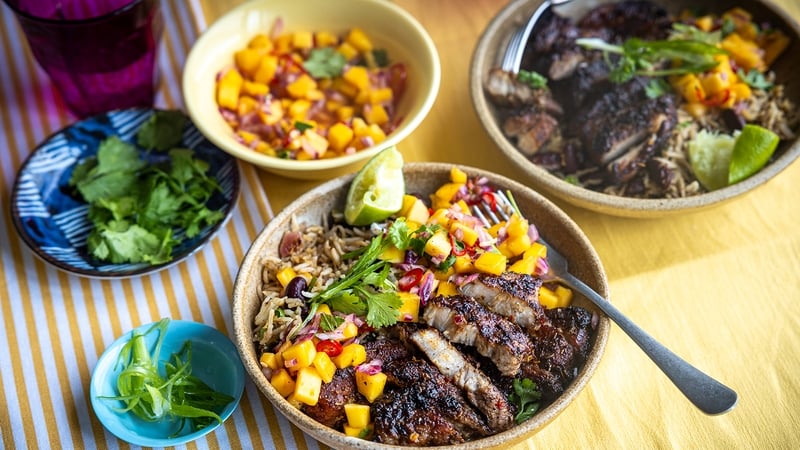 Donal's sticky pork belly jerk with mango salsa