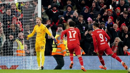 Liverpool goalkeeper Caoimhin Kelleher (left) celebrates