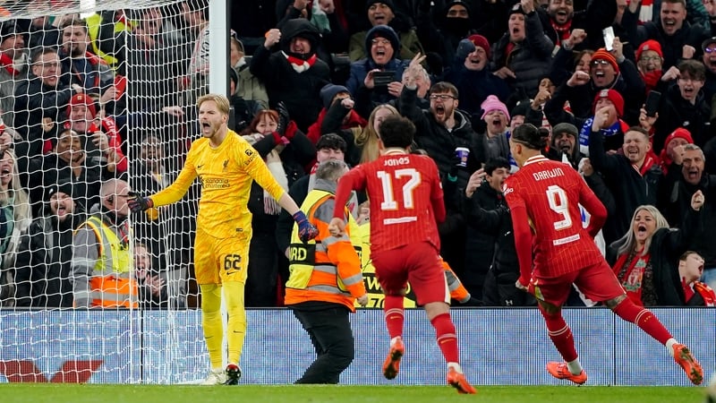 Liverpool goalkeeper Caoimhin Kelleher (left) celebrates