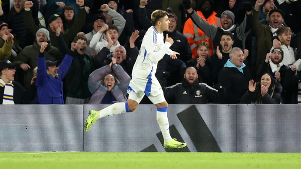 Joel Piroe of Leeds United celebrates scoring his team's second goal