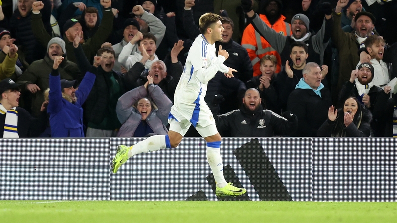 Joel Piroe of Leeds United celebrates scoring his team's second goal