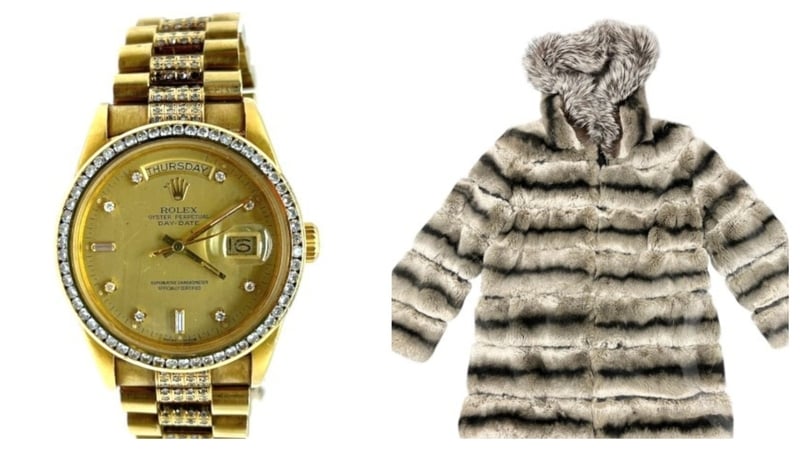 The items on sale include Hermes, Rolex and Breitling watches, Hermes and Gucci belts and shoes, cashmere scarves and a ladies Chinchilla coat [Image: Wilsons Auctions]