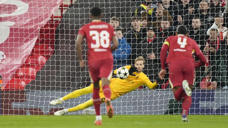 Caomhín Kelleher saving a penalty against Real Madrid in the Champions League