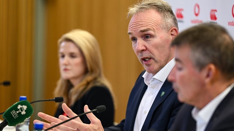 IRFU Chief Financial Officer Thelma O'Driscoll (l), CEO Kevin Potts (c) and chief commercial officer Padraig Power at the briefing
