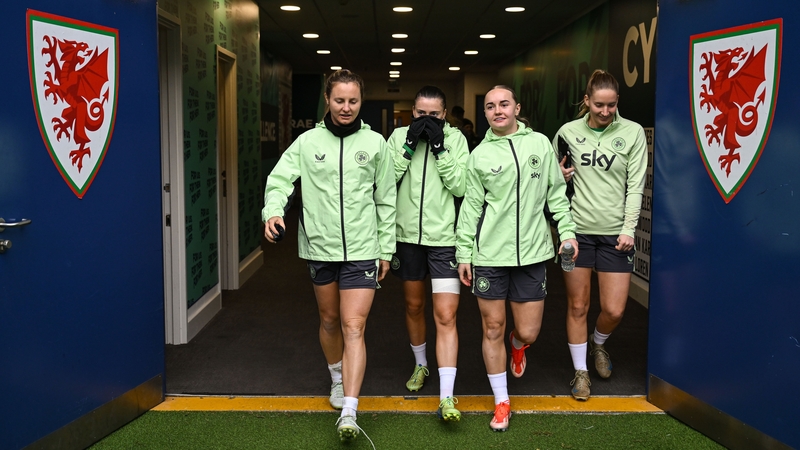 Ireland players, from left, Kyra Carusa, Abbie Larkin, Izzy Atkinson and goalkeeper Sophie Whitehouse at the Cardiff City Stadium