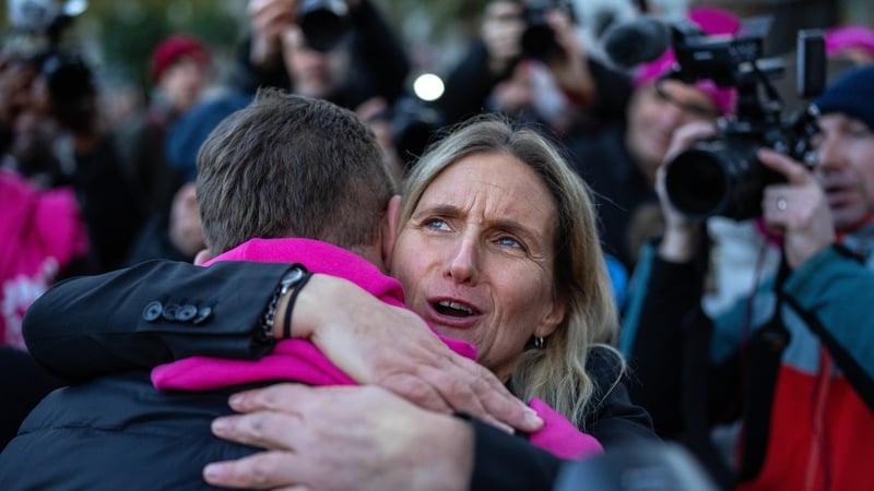 Labour MP Kim Leadbeater, who proposed the landmark private member's bill on assisted dying, hugs a supporter after a parliamentary vote was passed