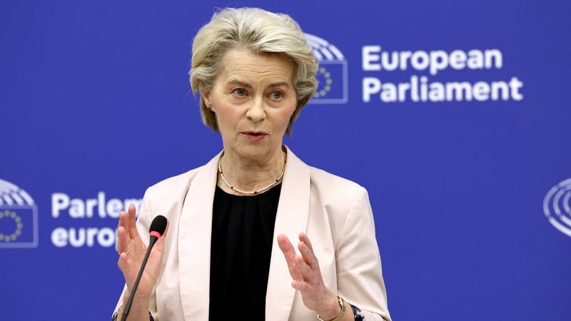 Ursula von der Leyen pictured giving a press conference after her new European Commission was voted through