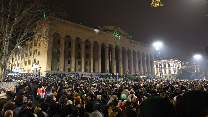 Thousands of people gather for a third night of protests in Tbilisi against the government's decision to shelve EU membership talks until 2028