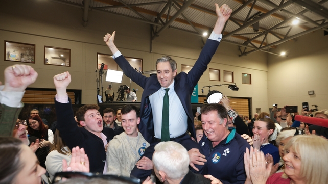Simon Harris celebrates his reelection at the count centre in Wicklow
