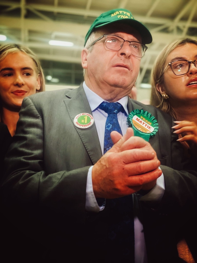 Mattie McGrath, candidate for Tipperary South, pictured as his name is called and waiting for an update on the count