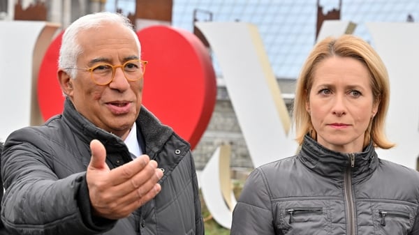 Antonio Costa and Kaja Kallas are seen in Kyiv's Independence Square