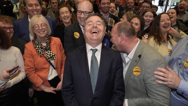 Fine Gael Minister Paschal Donohoe celebrates his win at the RDS Count Centre (photo: RollingNews.ie)