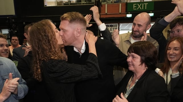 Gary Gannon celebrates being elected along with wife Clodagh Allen and mother Tina Gannon