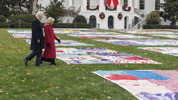 US President Joe Biden and First Lady Jill Biden view the AIDS Memorial Quilt on the South Lawn of the White House