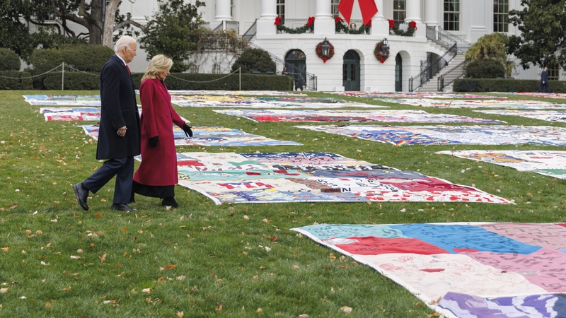 Joe and Jill Biden view the AIDS Memorial Quilt on the South Lawn of the White House