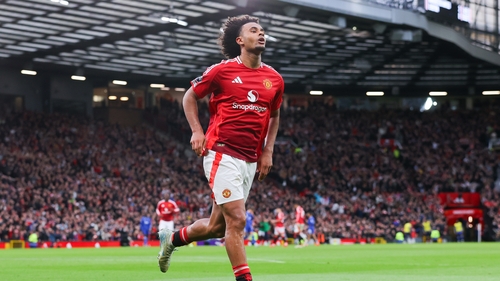 Joshua Zirkzee celebrates a goal during Manchester United's victory over Everton