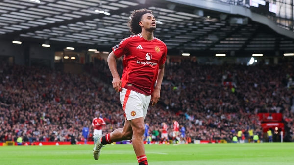 Joshua Zirkzee celebrates a goal during Manchester United's victory over Everton