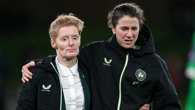 Eileen Gleeson (L) consoles Niamh Fahey after the final whistle