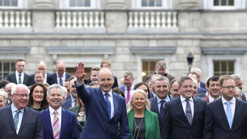 Party leader Micheál Martin with Fianna Fáil TDs at Leinster House today where they held their first parliamentary party meeting