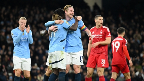 Kevin de Bruyne celebrates scoring Manchester City's second goal against Nottingham Forest
