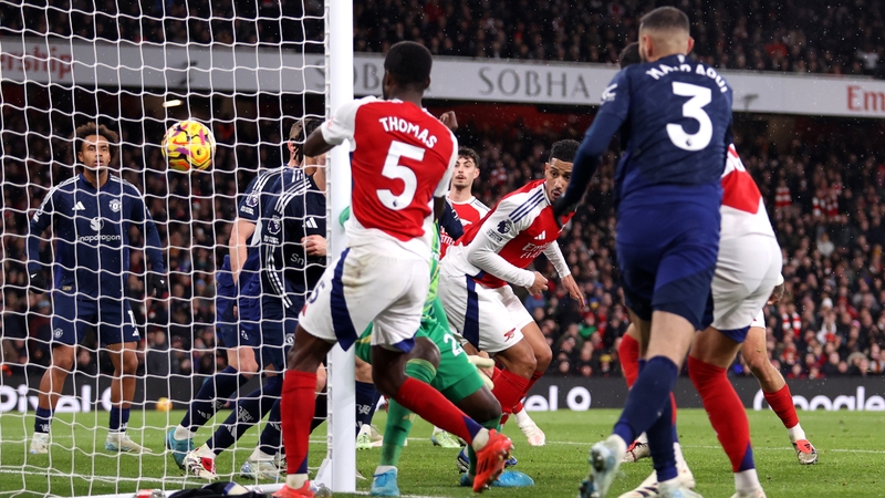 William Saliba scores Arsenal's second goal against Manchester United from a corner
