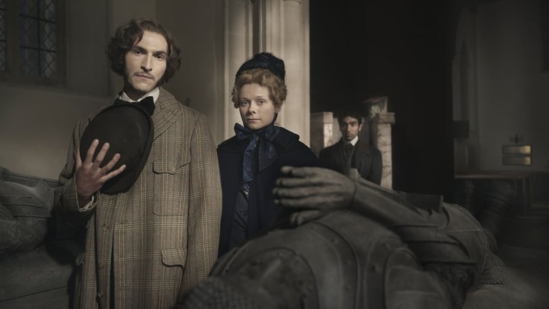 (L-R) Éanna Hardwicke, Phoebe Horn, and Mawaan Rizwan in A Ghost Story for Christmas: Woman of Stone