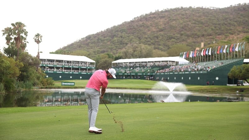 Max Homa plays his second shot onto the 18th green at Gary Player Country Club