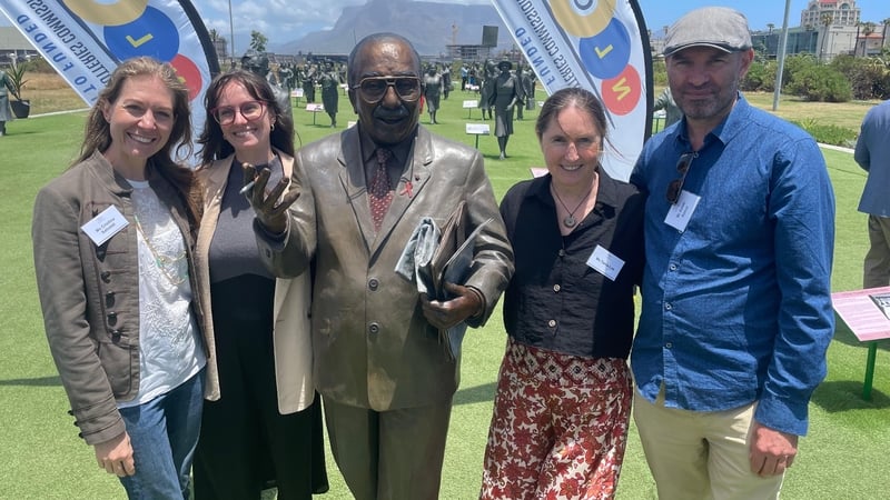 The sculpture will be on permanent display at century park in Cape Town (l-r) Cristina Salvoldi (Artist), Zoe Asmal (granddaughter), Tania Lee (Artist), Adam Asmal (Son)