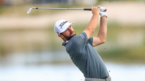 Cameron Young plays his second shot on the 18th hole at Albany Golf Course in the Bahamas