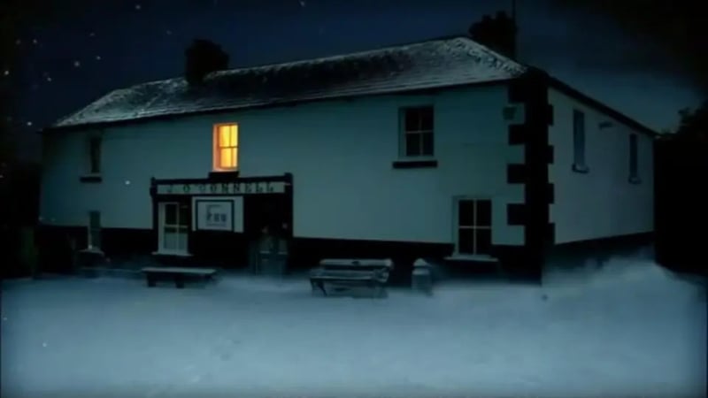 A snowy O'Connell's pub in Skryne, Co Meath as featured in one iconic Christmas ad.