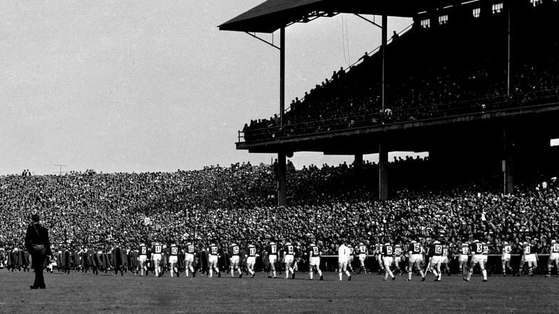 The Galway and Kerry teams take the pitch ahead of the 1964 final
