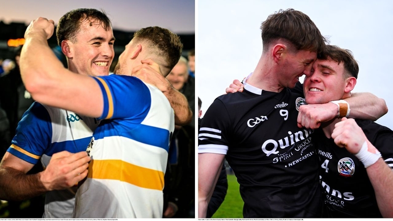 Darragh Canavan, left, and Niall Kelly of Errigal Ciarán celebrate their semi-final victory, while Kilcoo's Ryan McEvoy react after winning the Down SFC