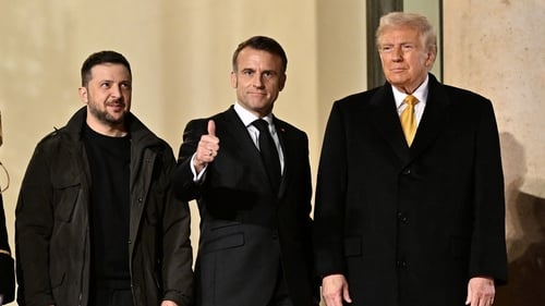 Volodymyr Zelensky, Emmanuel Macron and Donald Trump pictured in Paris