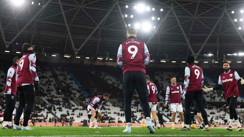 West Ham players warmed up in Antonio jersey's before this evening's Premier League meeting with Wolves