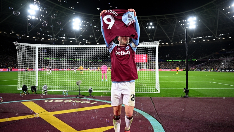West Ham's Jarrod Bowen held aloft teammate Michail Antonio's shirt after scoring the winner against Wolves