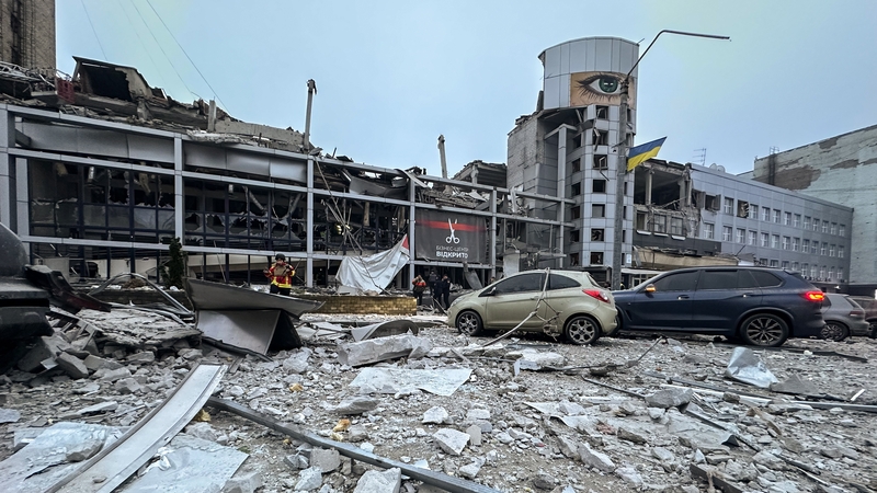 A business center was partially destroyed by a Russian missile strike in Zaporizhzhia, Ukraine