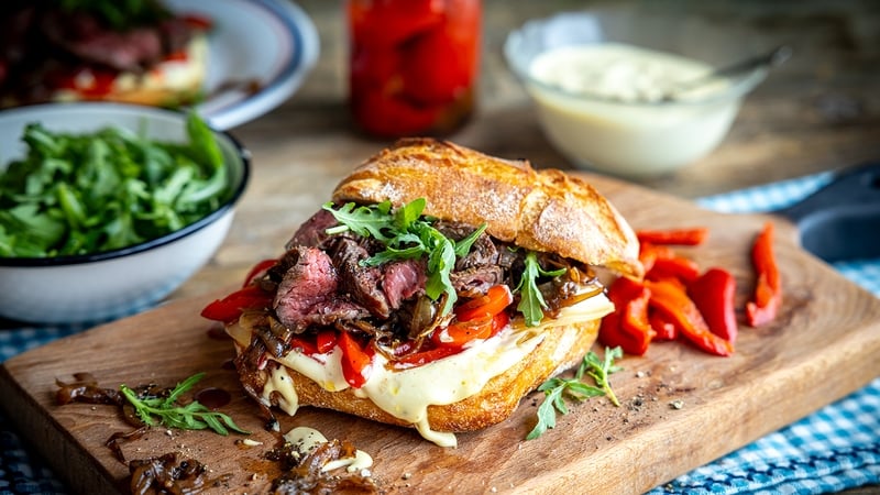 Donal's steak sandwich with scamorza, roast red pepper, rocket