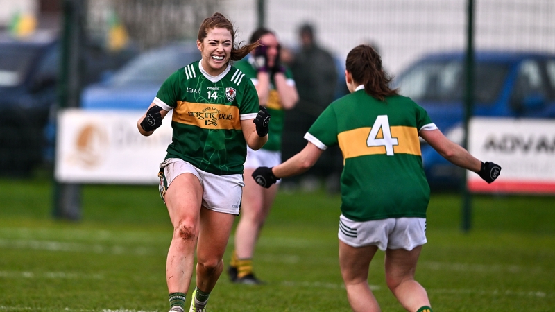 Shannon McGroddy of Na Dúnaibh celebrates at the final whistle after the win against Kilcock in the semi-final