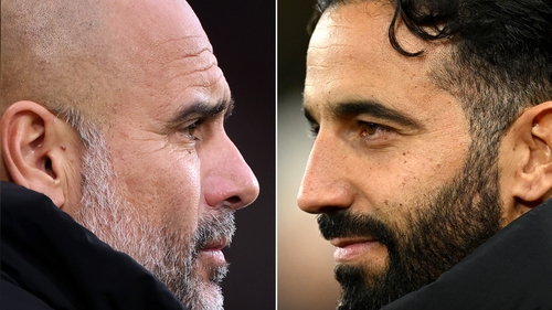 Manchester United manager Ruben Amorim (R) takes on Pep Guardiola's Manchester City side on Sunday