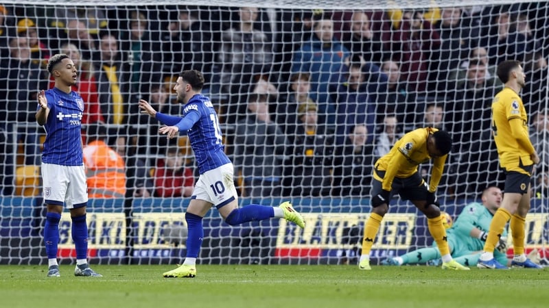 Ipswich Town's Conor Chaplin celebrates the opening goal, an own goal scored by Matt Doherty
