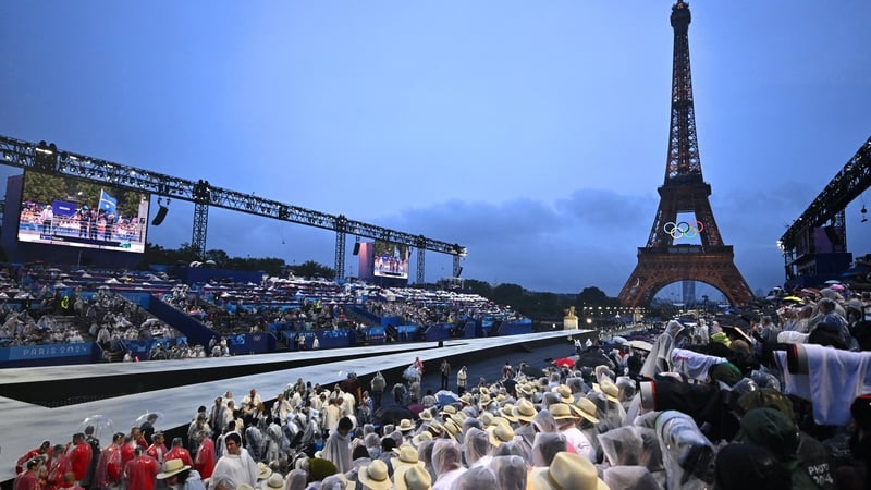 The Eiffel Tower in the distance during the Opening Ceremony of the 2024 Paris Summer Olympics